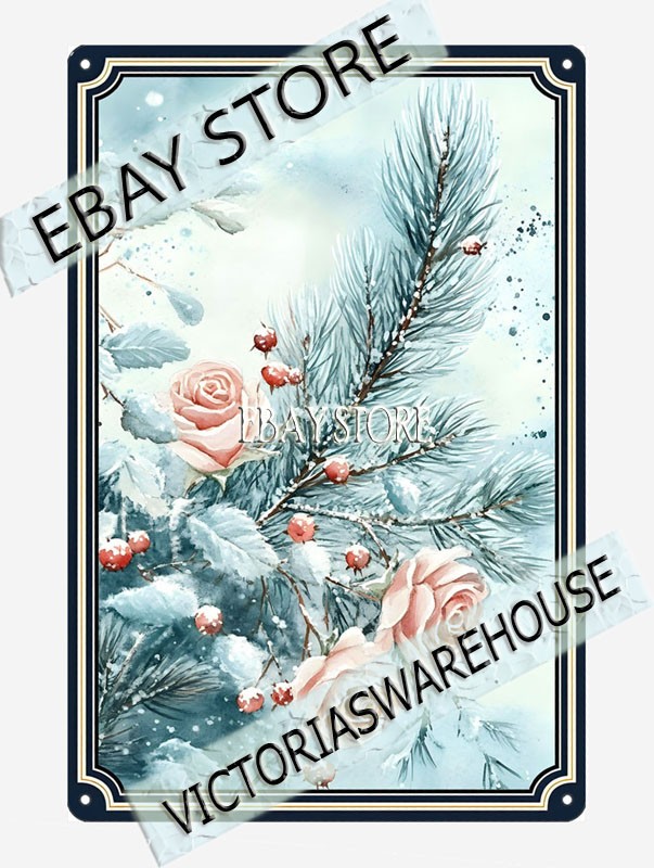 pink roses pine metal tin sign winter floral decor interior home