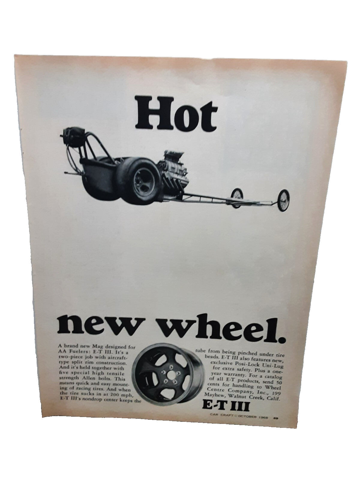1968 ET III Wheels Hot New Wheel For AA Fuelers Original Print Ad vintage 60s