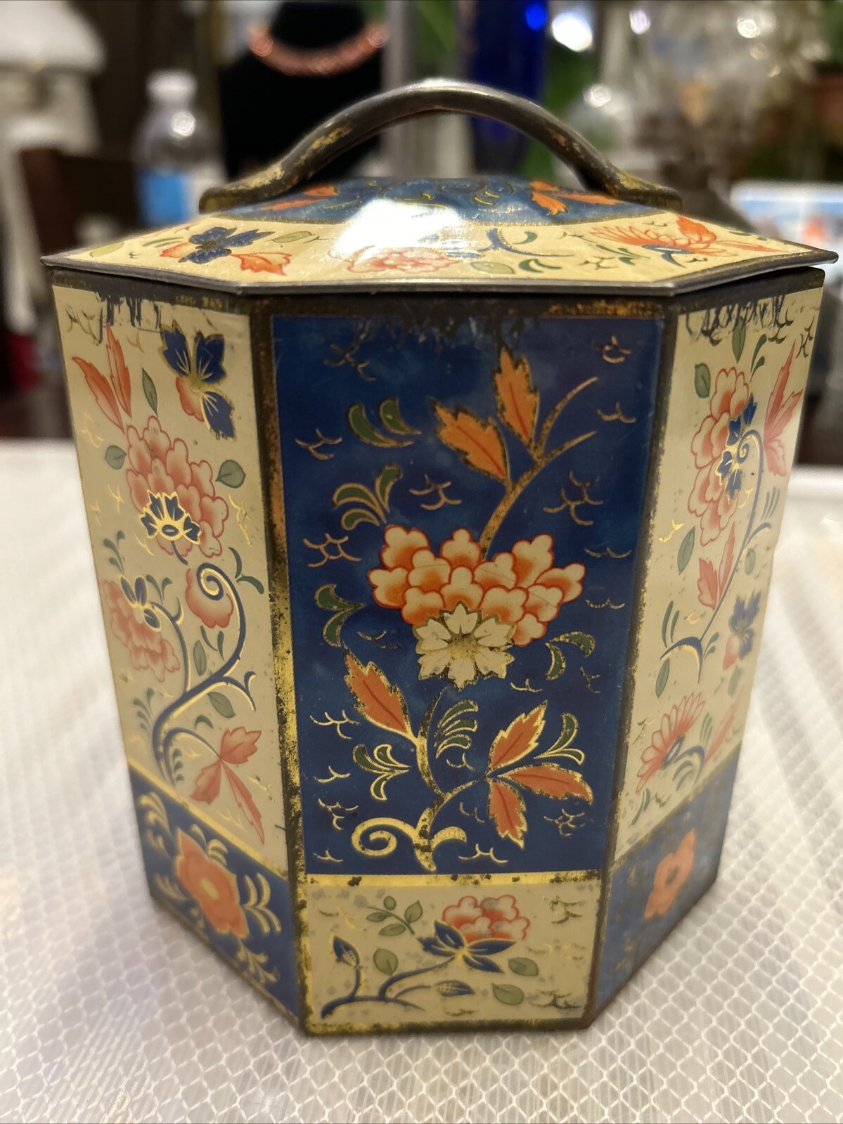 Vintage Sharps Toffee Tin Lid Octagon Floral Blue Orange White Gold 5-3/4″