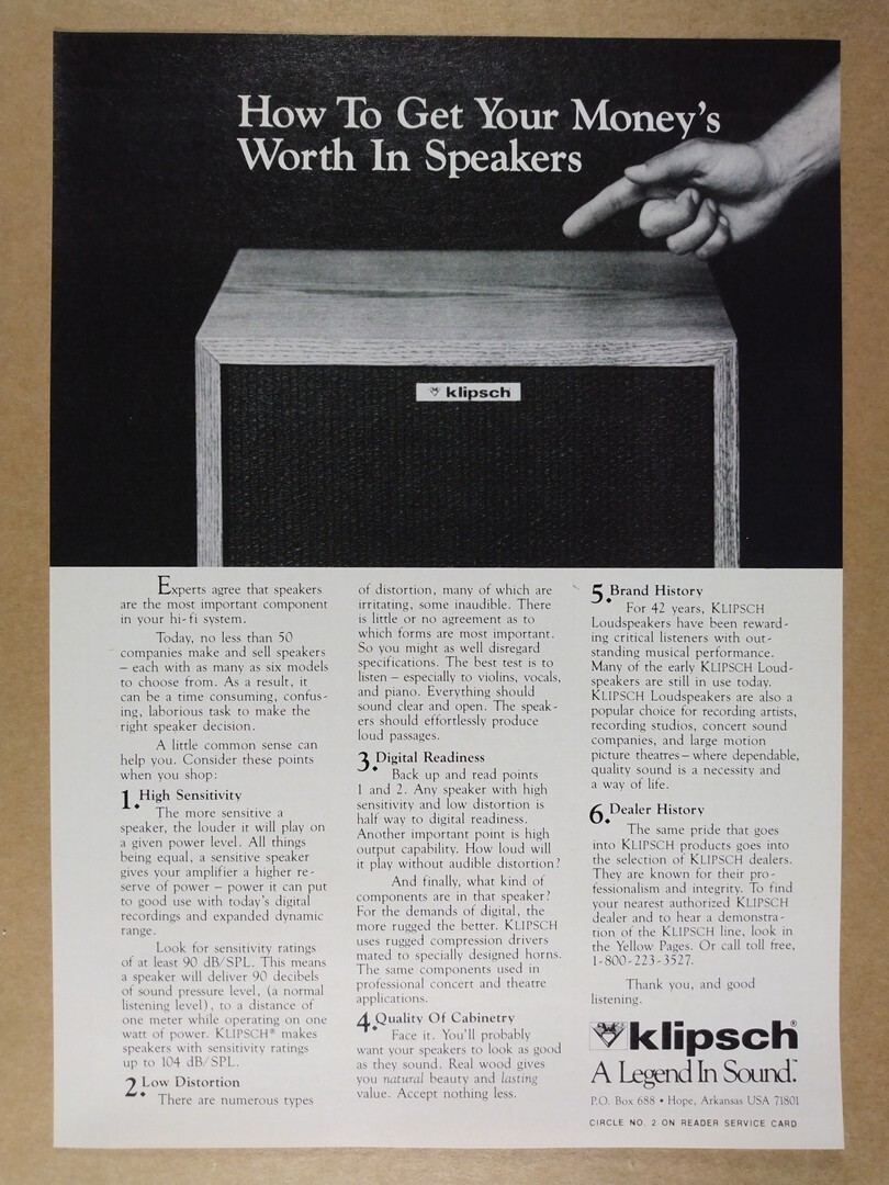 1986 Klipsch Speakers ‘Get Your Money’s Worth’ vintage print Ad