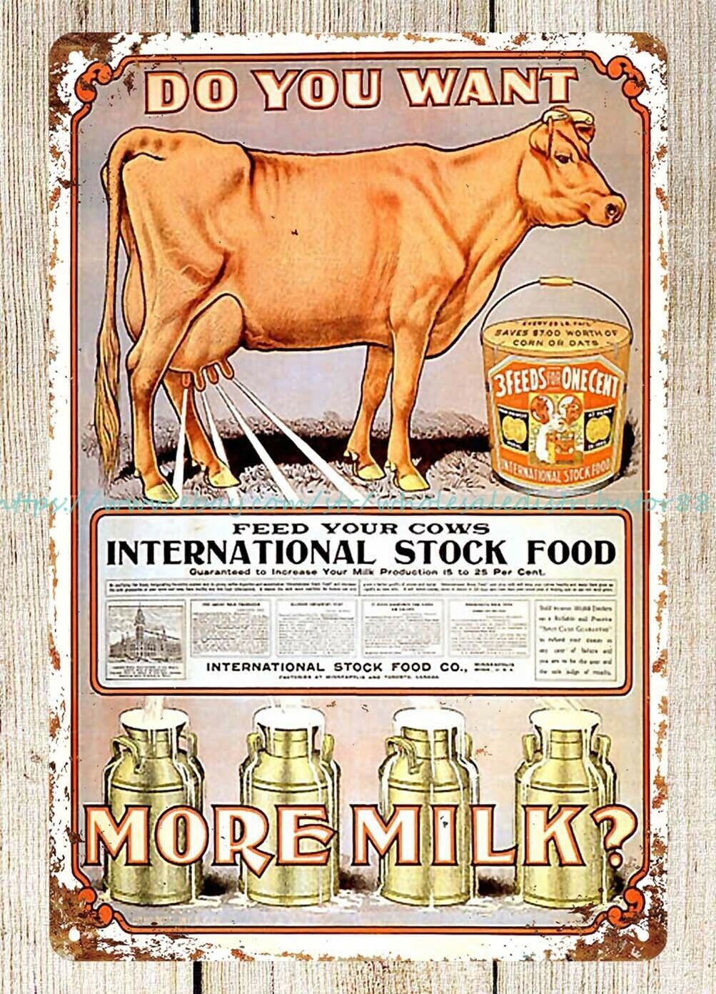 do you want more milk cow International Stock Food 1940s metal tin sign art deco