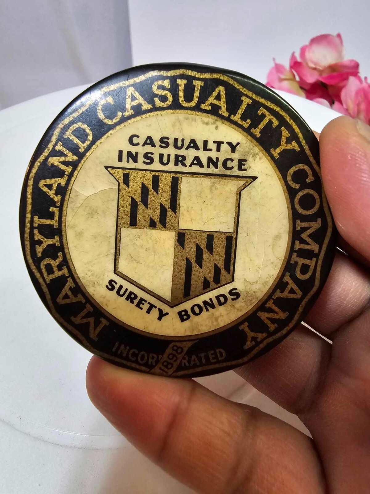 2 sided advertising paperweight maryland casualty surety bonds 1898- READ- B5