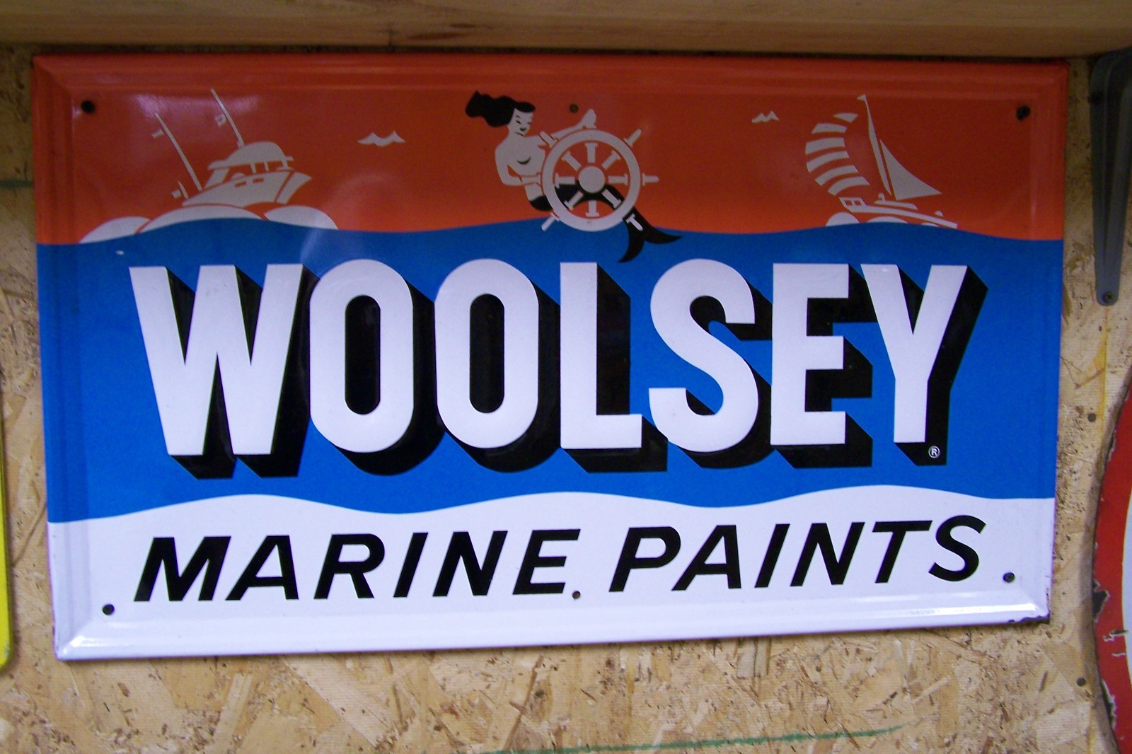 NOS ORIGINAL EMBOSSED Boats Woolsey Marine Paints Metal Sign (TAC) 039505