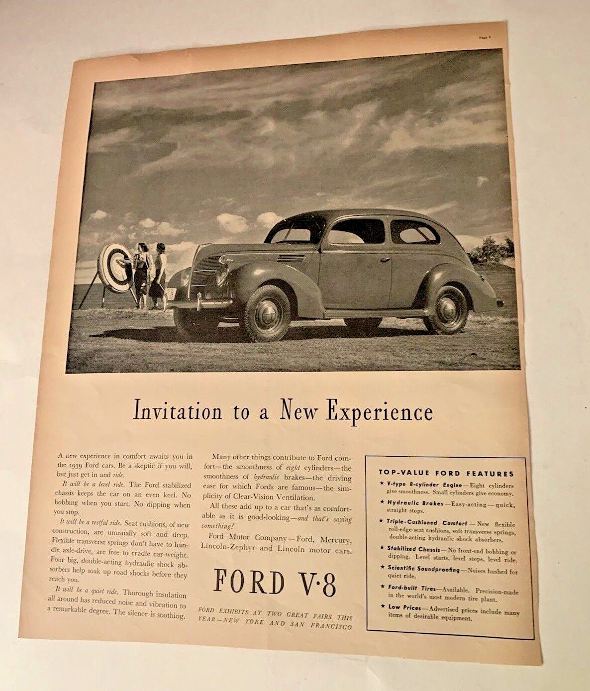 Vintage Ad Print, Ford Automobile with V-8 , 1939 13.5 x 10.25