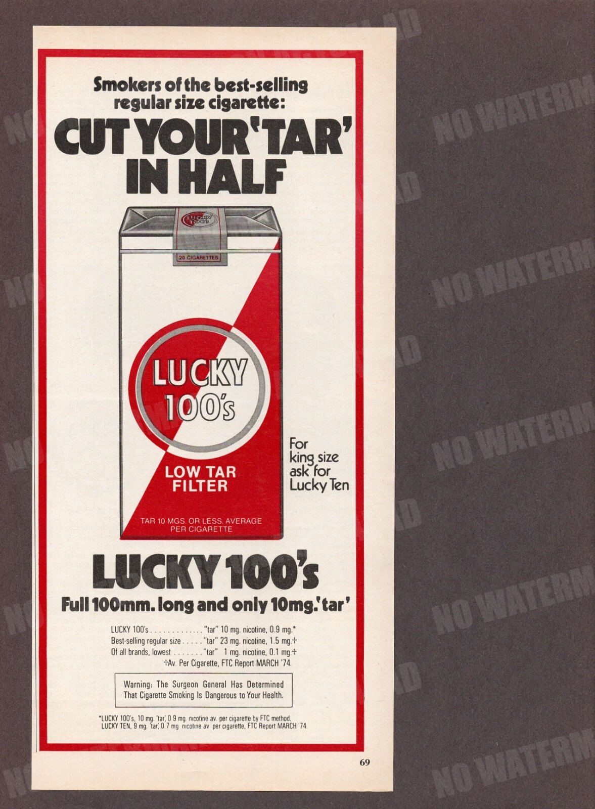 Lucky 100’s Cigarettes Vintage 1974 Trade Print Magazine Ad ADVERT
