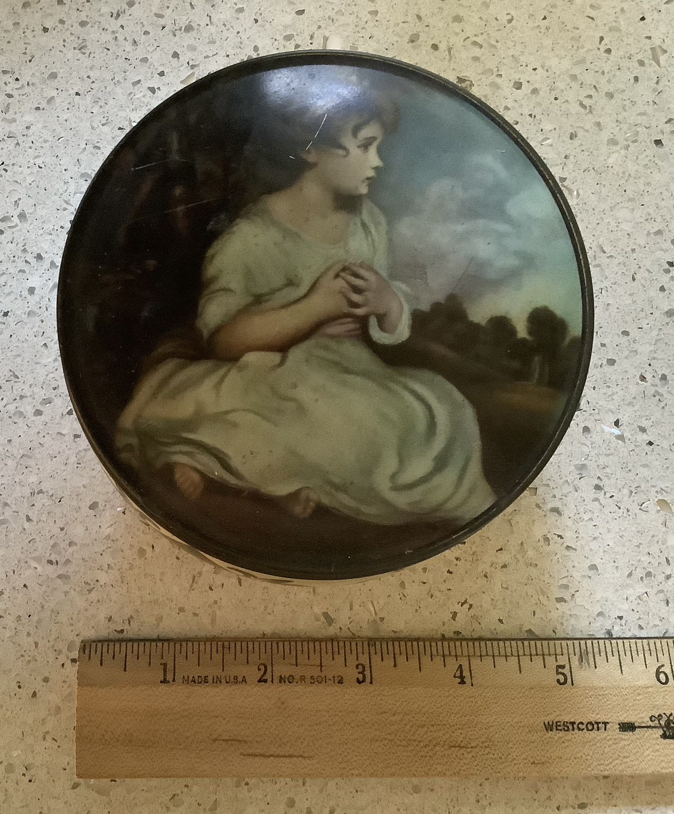Vintage Candy/Toffee Metal Tin with “ The Age Of Innocence” Painting On Lid