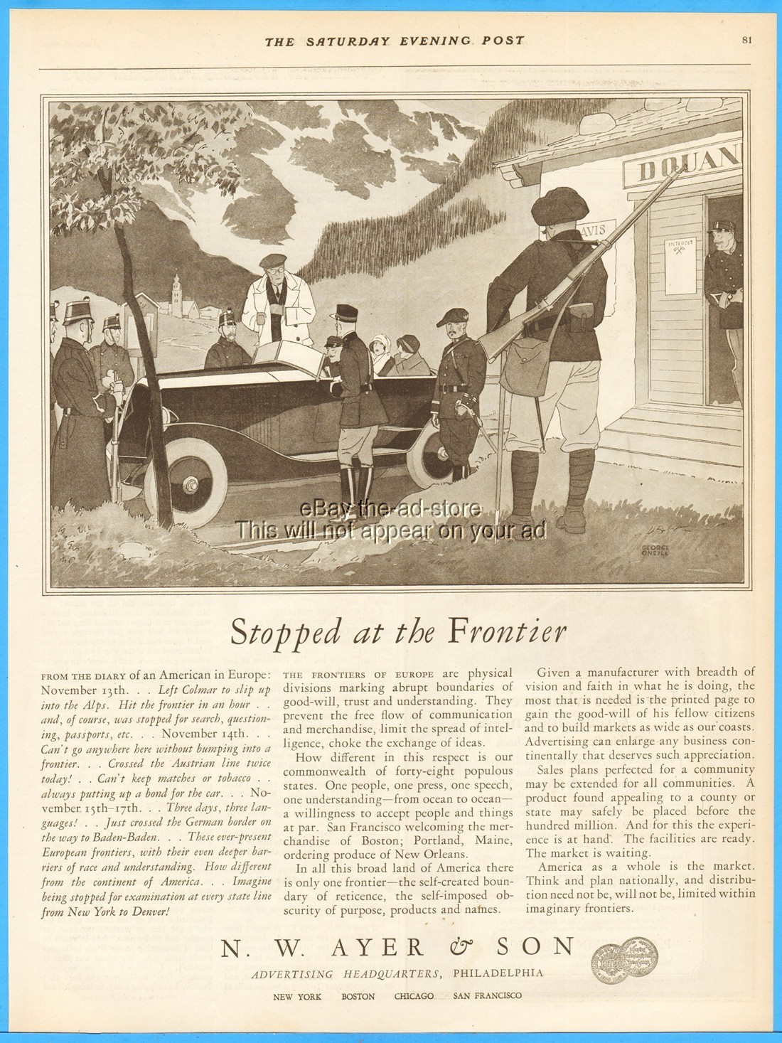 1925 N W Ayer & Son Advertising Agency Stopped at the Frontier of Europe Ad