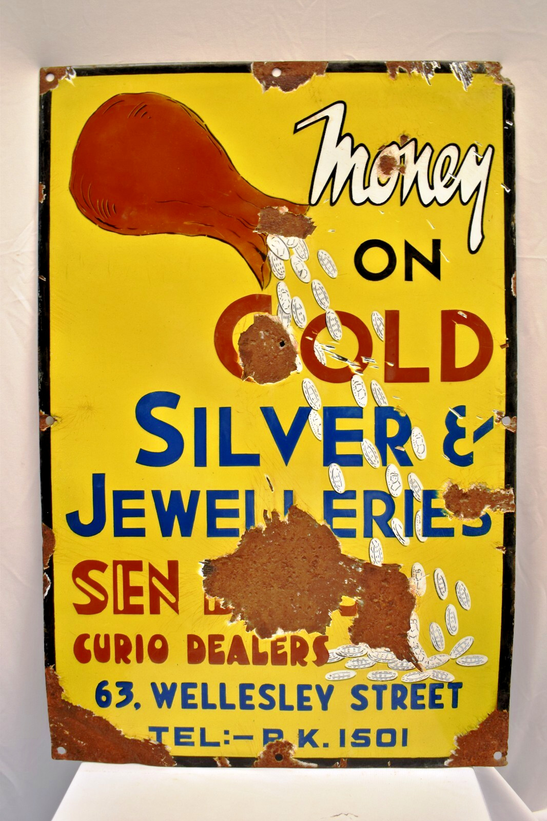 Vintage Porcelain Enamel Sign 30×20 Money on Gold Silver Jewelleries Sen & Co Ca