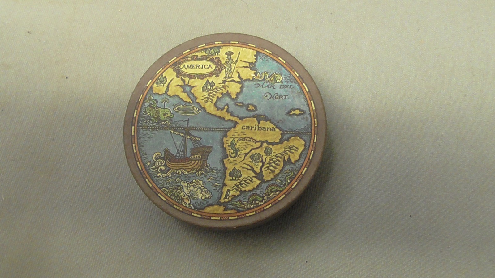 Vintage Chart of the Known World Map on Lid of Round Tin Container N C rare