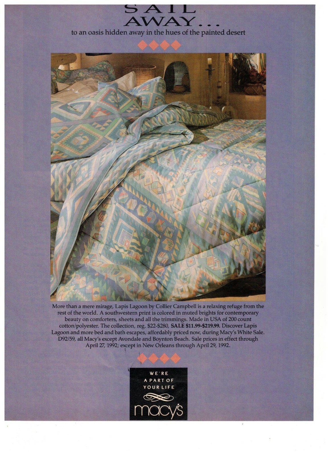 Macys Vintage 1993 Print Ad Sail Away Lapis Lagoon Bed Clothes