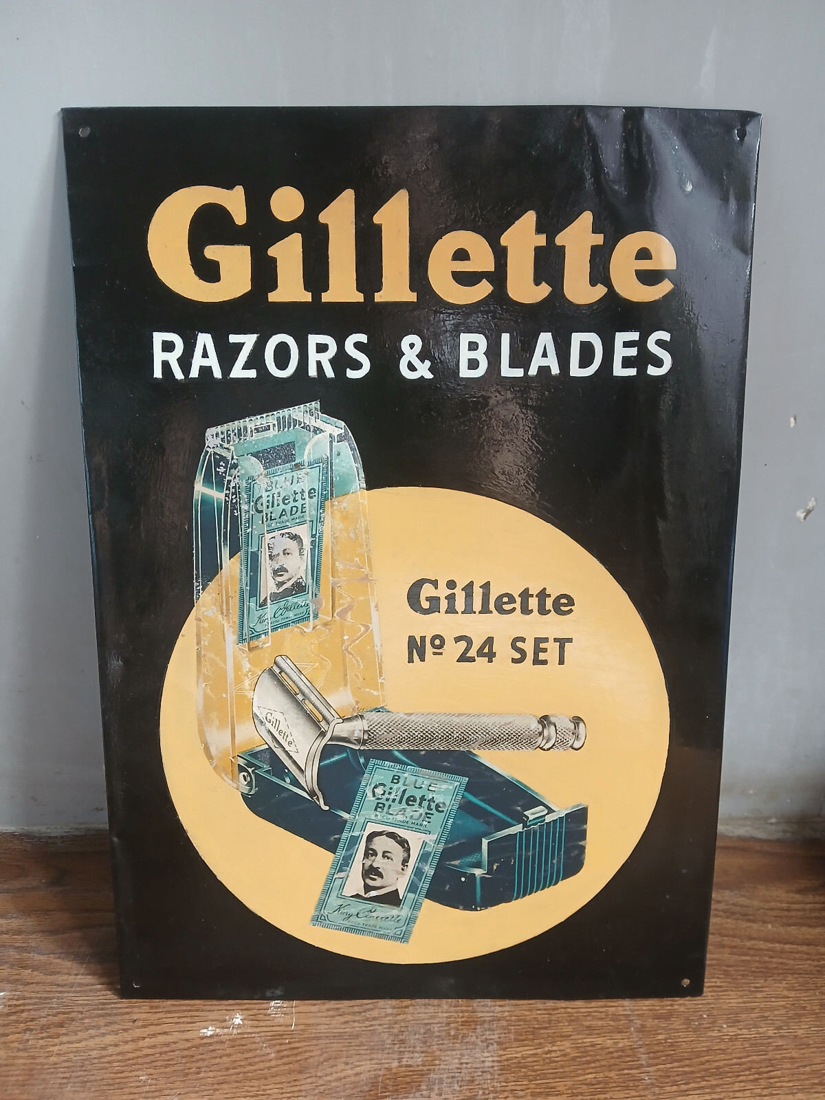 Rare vintage GILLETTE RAZORS & BLADES advertising tin sign of 70’s.