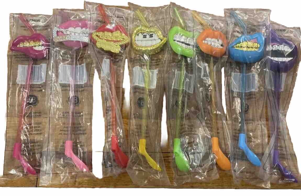 NEW!! Slurpee Straws Set of 8 Mouth Pop Grills Straws with Spoons NIP!!