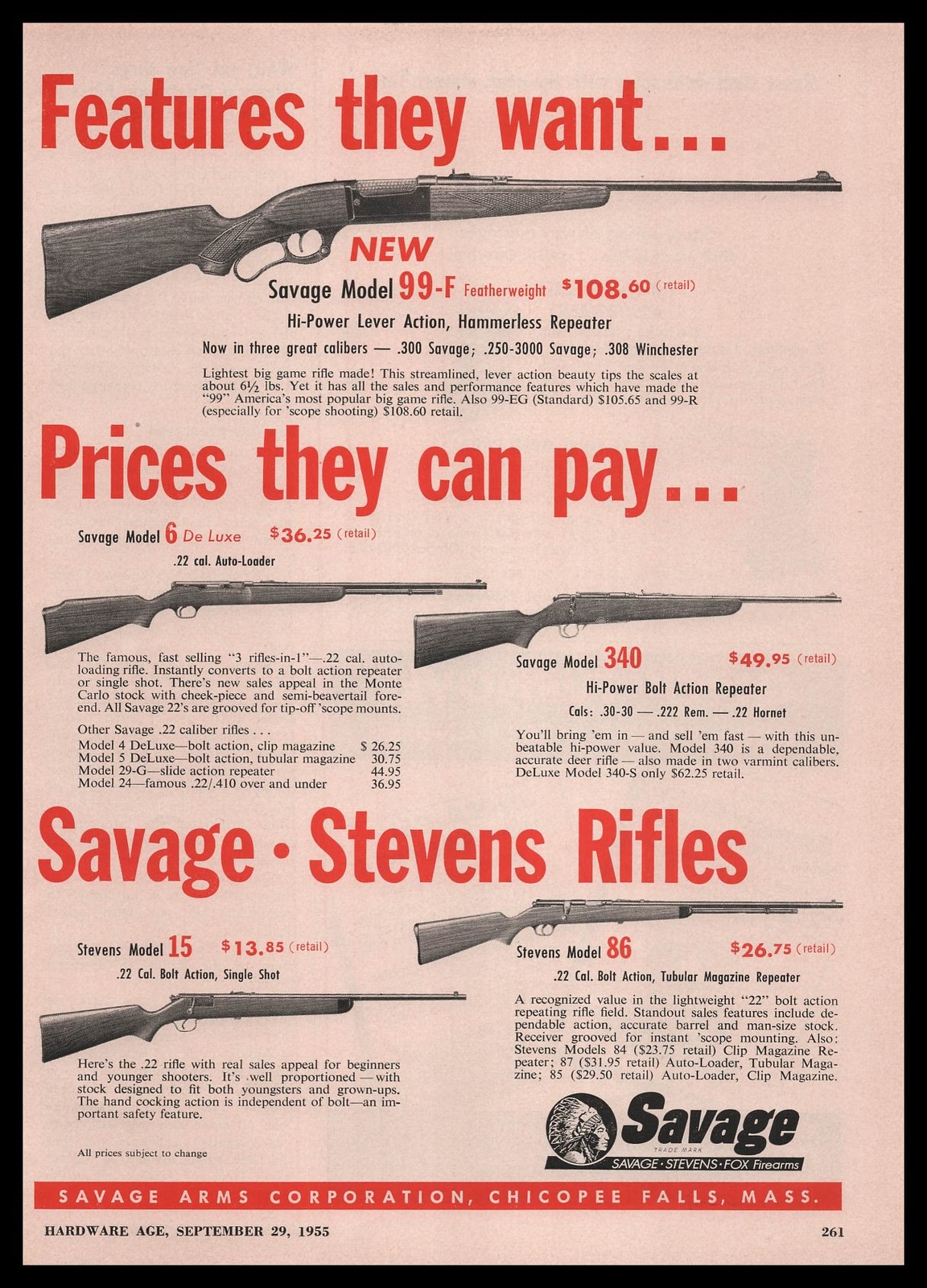 1955 Savage Arms Chicopee Falls Massachusetts Stevens .22 Rifle Models Print Ad