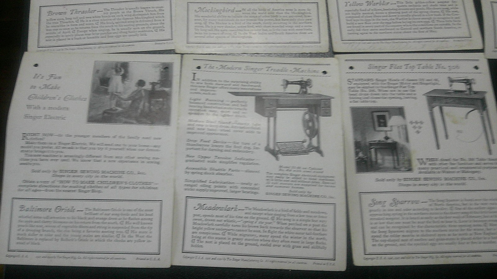 Circa 1927 Set of 14 Singer Sewing Machines American Song Bird Trade Cards