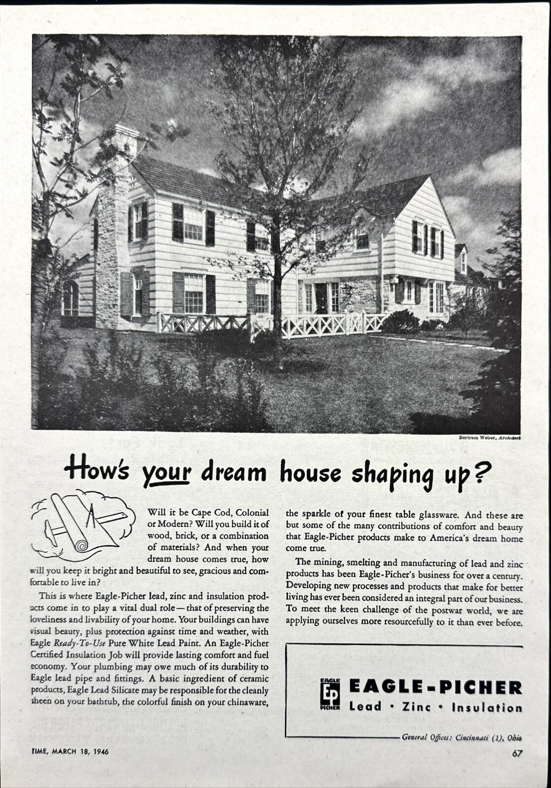 1946 Eagle-Picher Lead Zinc Insulation For Homes Cincinnati OH Vintage Print Ad