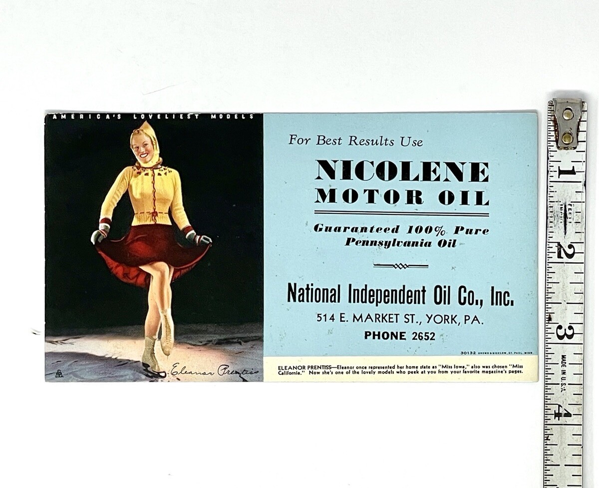 Early 1940s PINUP INK BLOTTER 3.5”x6” Nicolene Motor Oil Ice Skating