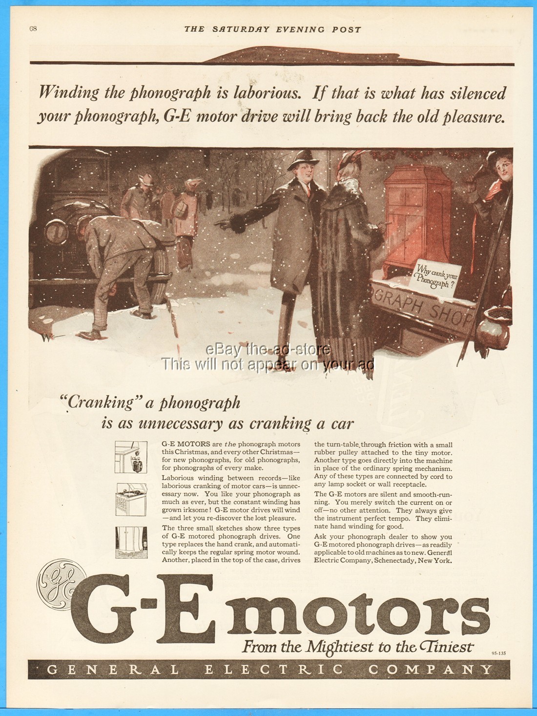 1919 General Electric Schenectady NY GE Motors Phonograph Car Engine Crank Ad