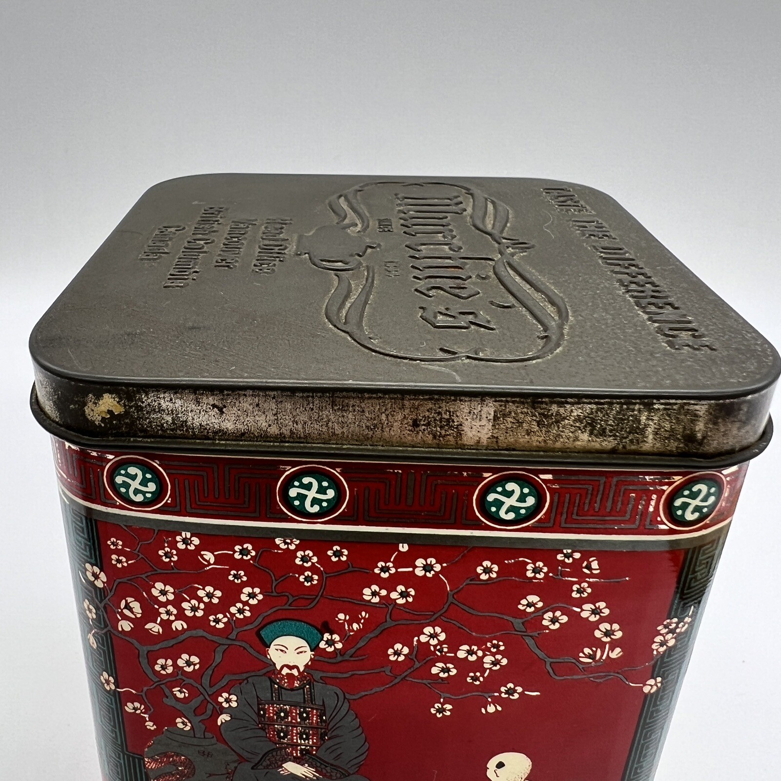 Vintage Murchie’s Tea Tin Asian Art Motif Red Green White 3” X 4”