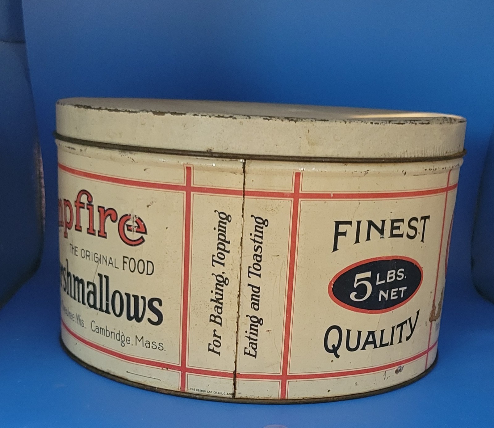 Campfire Marshmallows 5 LB VTG Tin Milwaukee Cambridge Mass Metal Advertising