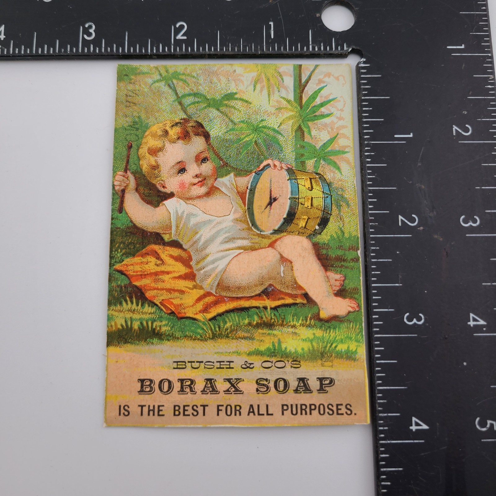 Victorian Trade Card Boy Playing with Drum Philadelphia Bush & Co’s Borax Soap