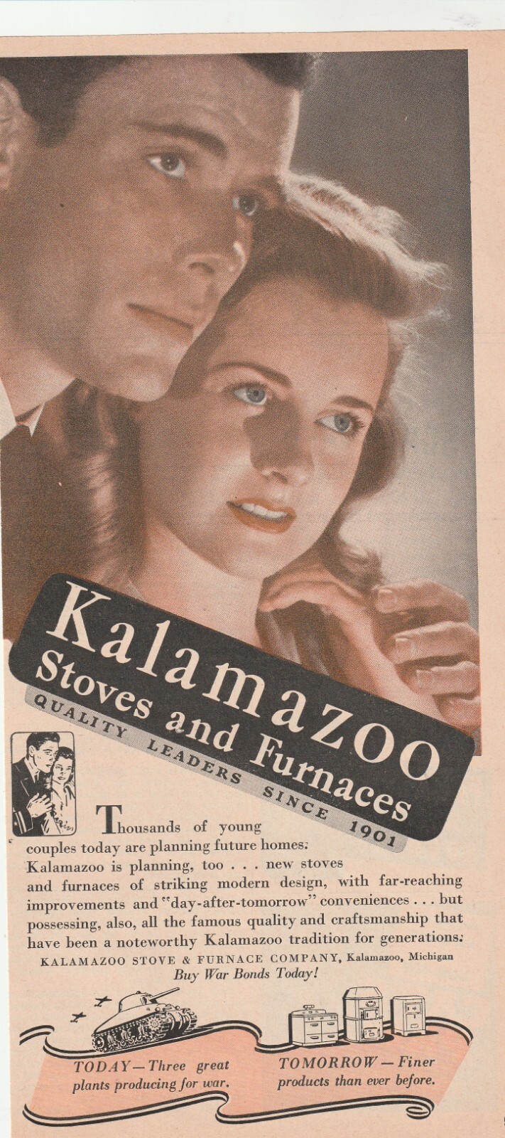 Kalamazoo Stoves and Furnaces Quality Leaders since 1901 True Story 1943 Mag Ad