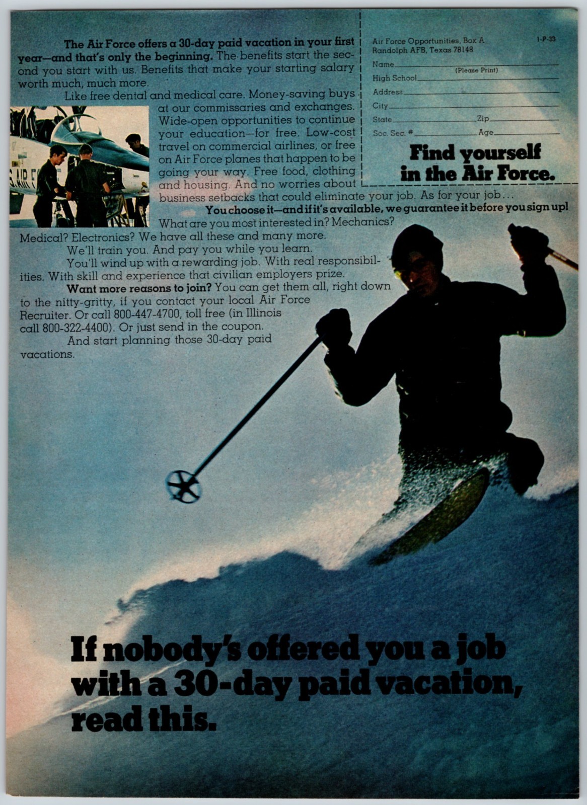 1973 SKIING U.S. AIR FORCE Vintage 8″X11″ Magazine Ad 1970’s HTN41