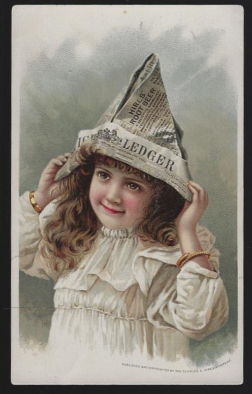 Hire’s Root Beer Girl in a Newspaper Hat Victorian Trade Card Prohibition