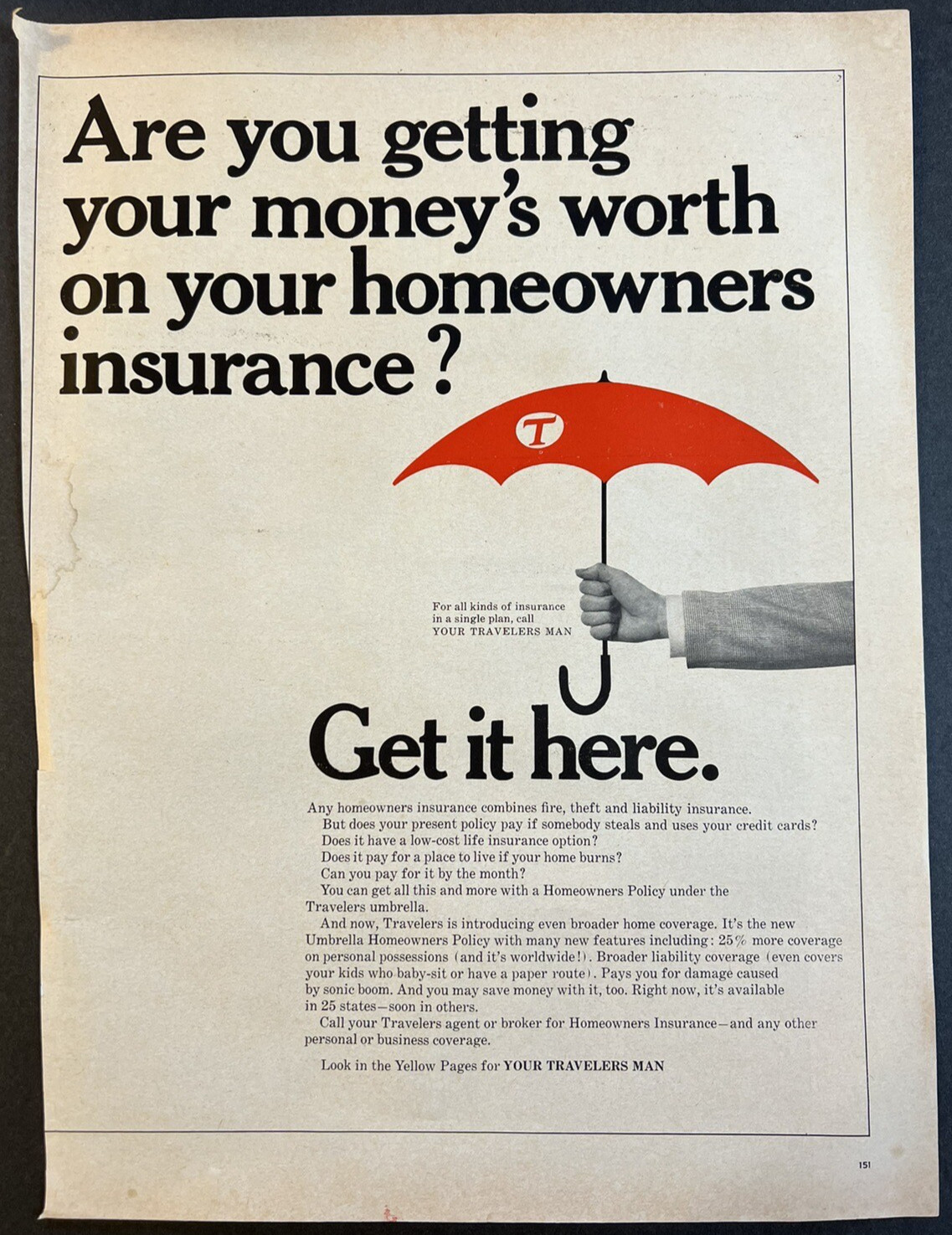Vtg Life 1965 Travelers Insurance Ad, with Red Umbrella, Get it Here