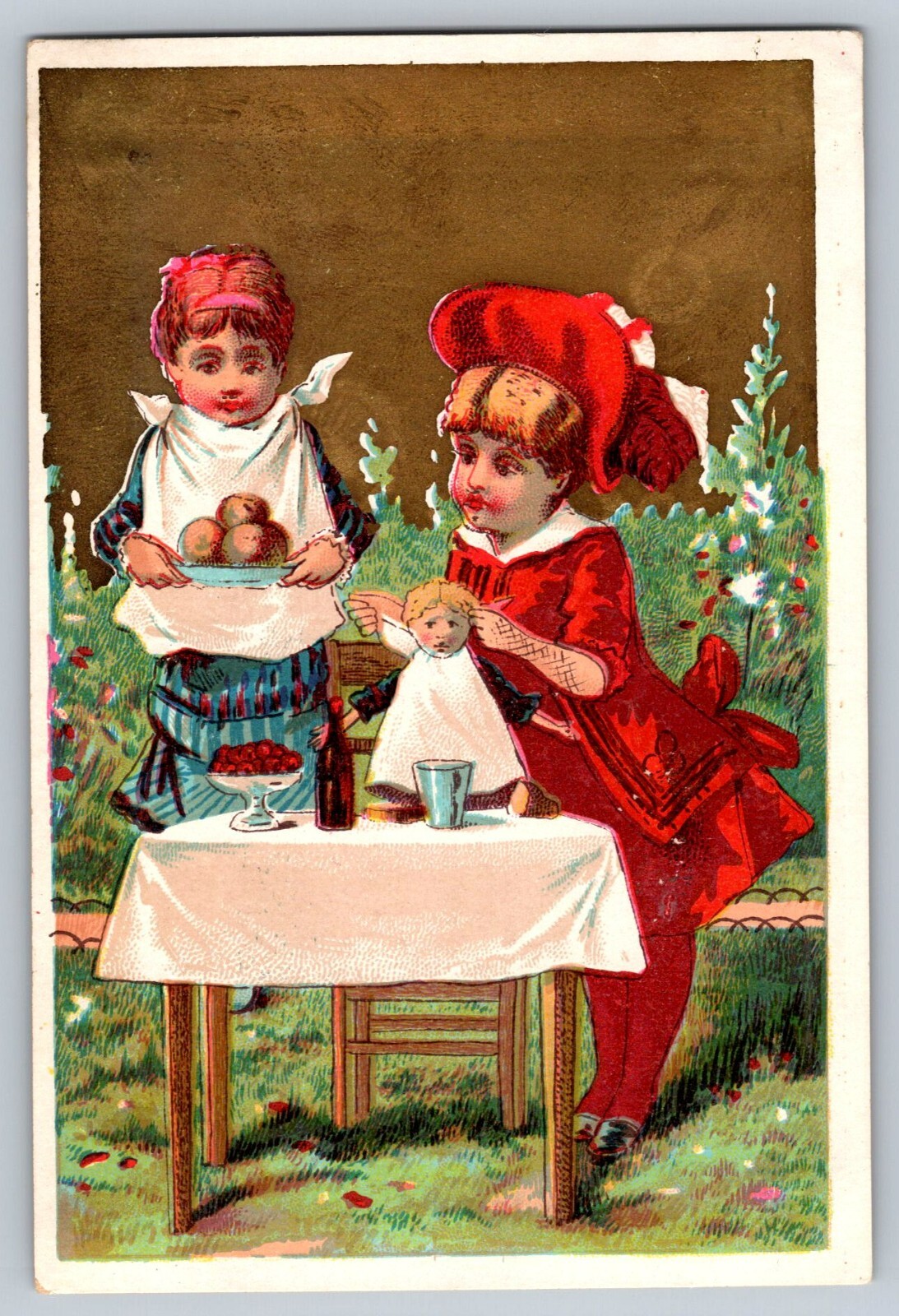 Victorian Card Children Boy & Girl Playing with Doll and Lunch Sitting – ~3×4″