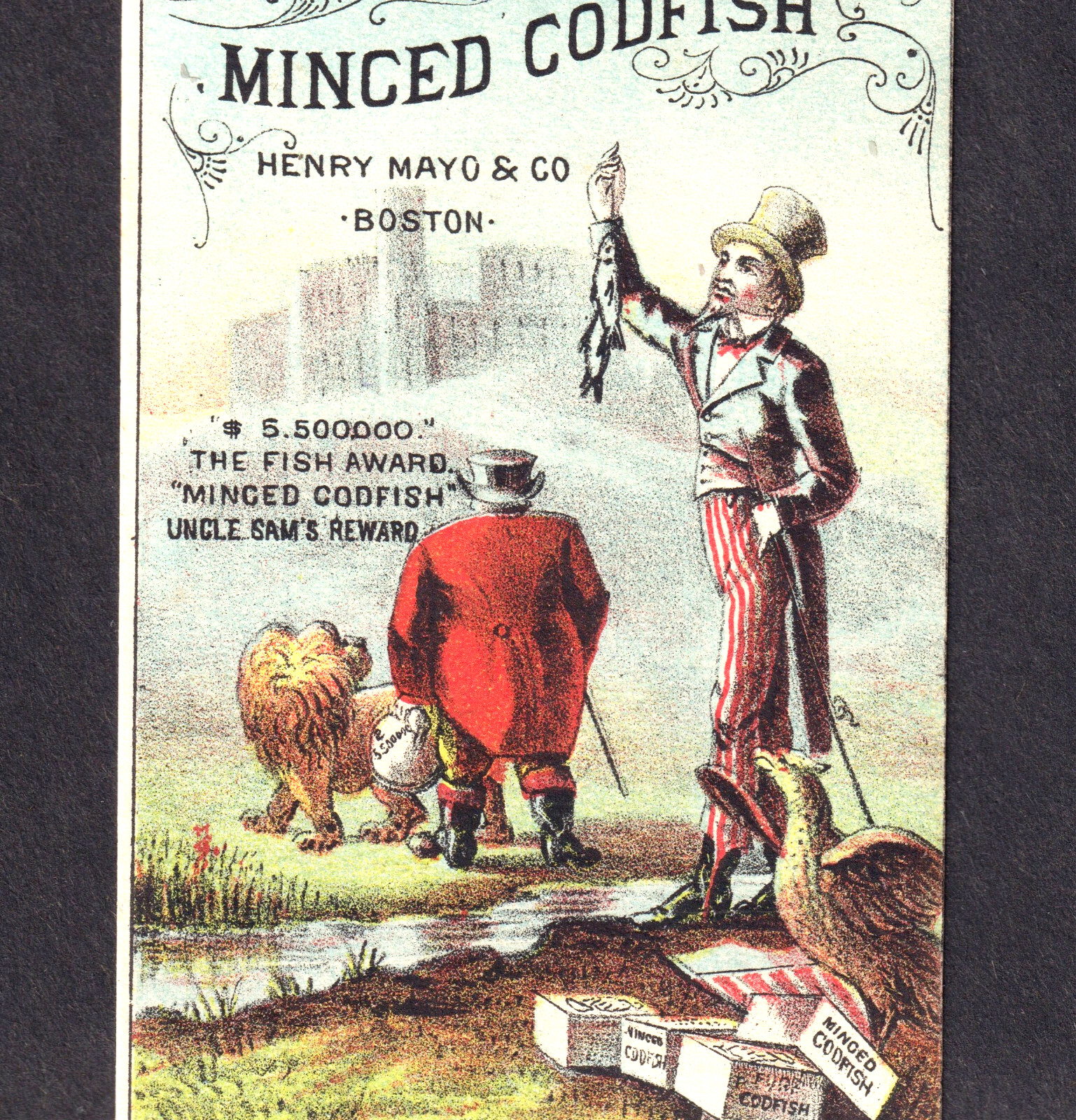 Uncle Sam British John Bull American Eagle Mayo Boston Codfish Advertising Card