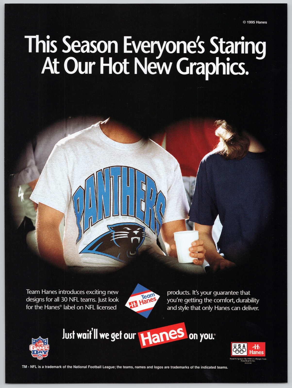Hanes NFL Team Graphics Game Day 1996 Vintage Print Ad