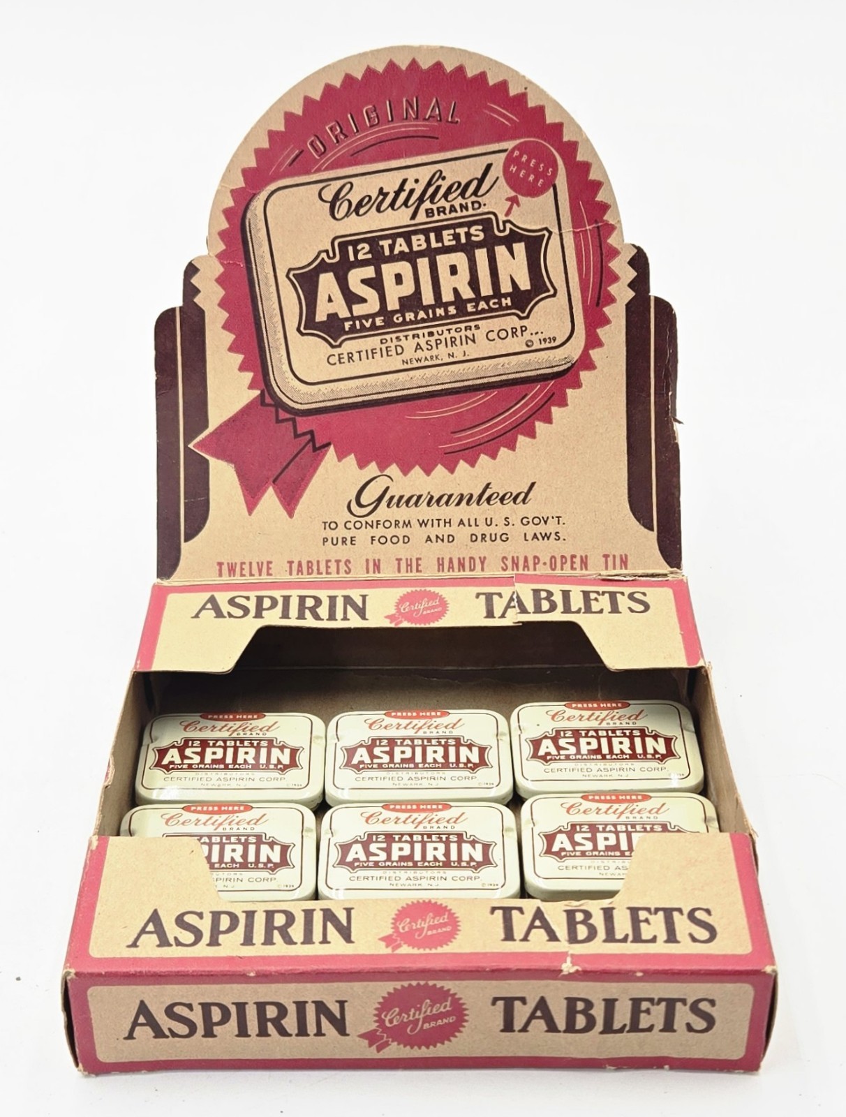 Vtg 1939 Certified Brand Aspirin Counter Display Box Cardboard Sign & 6 Tins