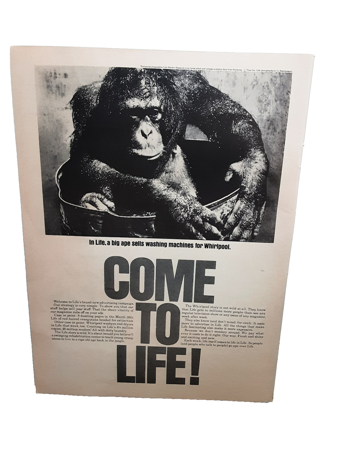 1969 Life Magazine Come to Life Ad Big Ape Whirlpool Washing Machines