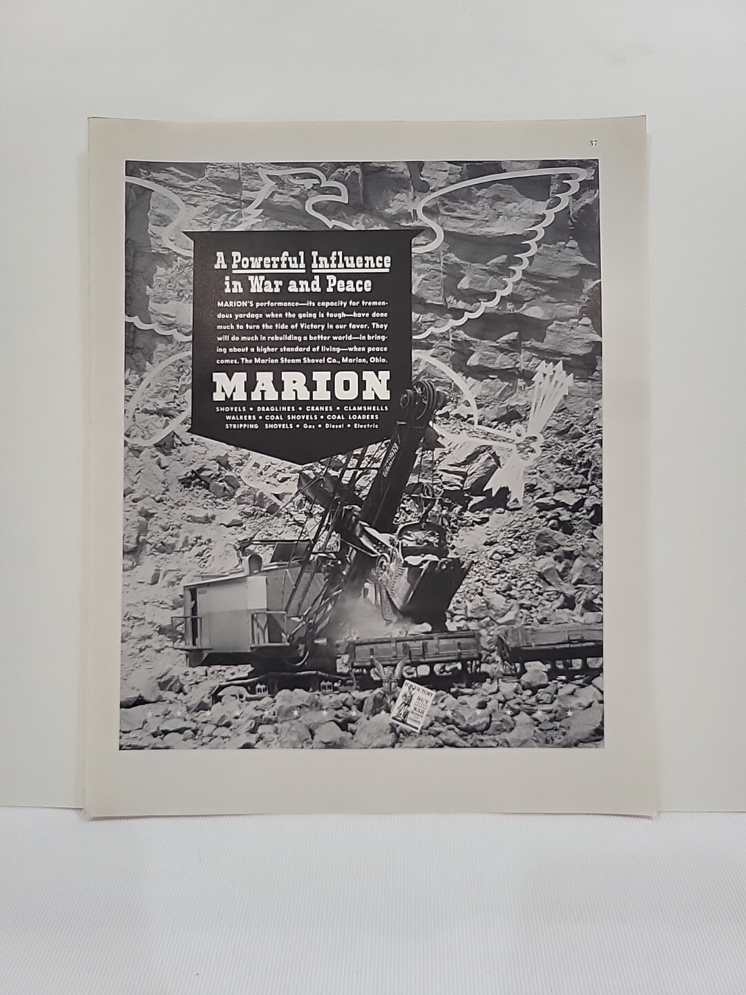 1943 Marion Steam Shovel Co. Fortune WW2 Print Ad Cranes Quarry War Bonds