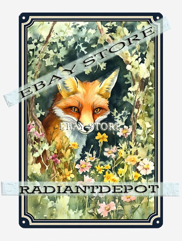 Floral Leaves Metal Tin Sign Fox Portrait forest flowers collectible interior