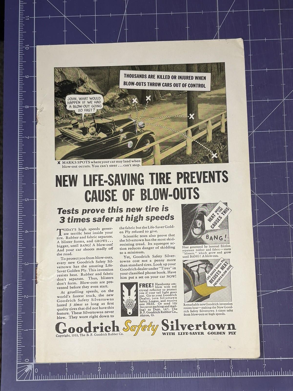 1933 PRINT AD BF GOODRICH SAFETY SILVERTOWN TIRES WITH GOLDEN PLY AKRON OHIO