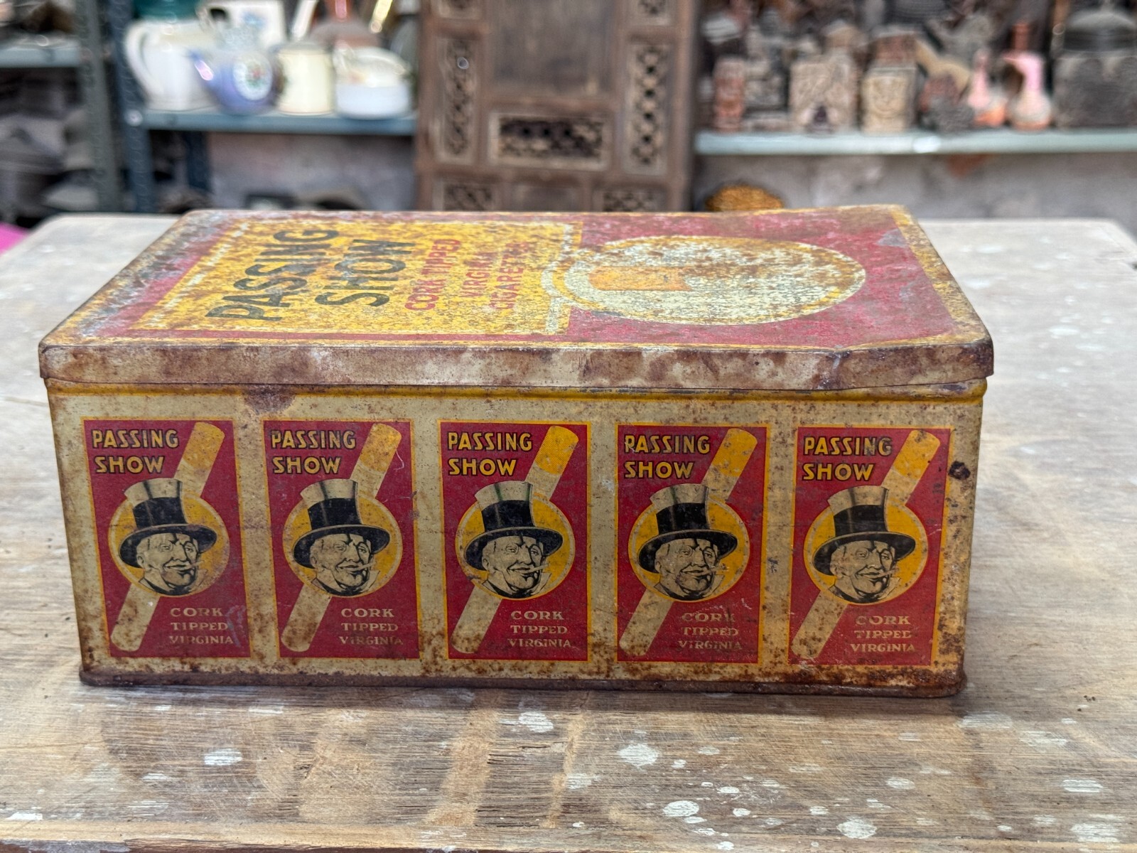 1950’s Collectible Rare Vintage Passing Show Cigarettes Adv. Empty Litho Tin Box