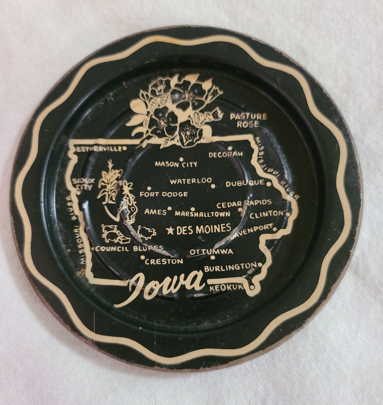 Vintage Black and Tan Metal Coaster Advertising Iowa