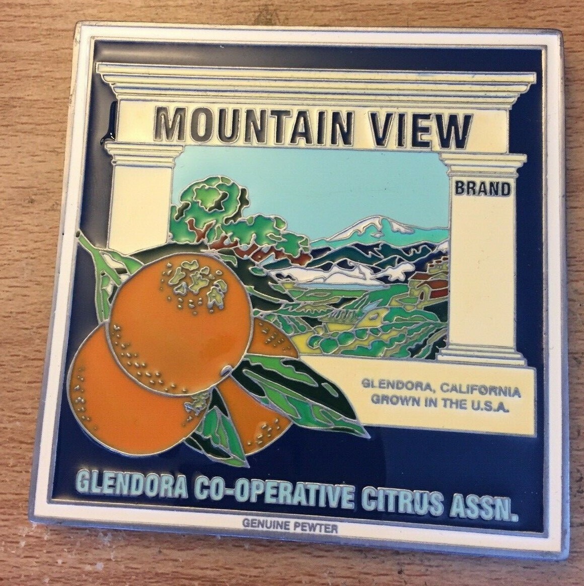RARE 2004 MOUNTAIN VIEW BRAND GLENDORA CALIFORNIA CITRUS ASS. PEWTER PAPERWEIGHT