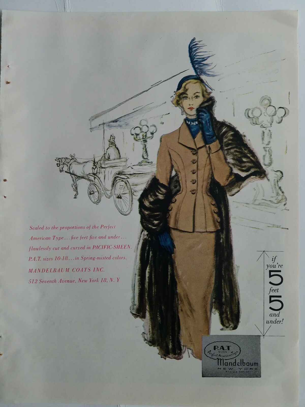 1949 women’s Mandelbaum fur coats hat feather vintage fashion color art ad