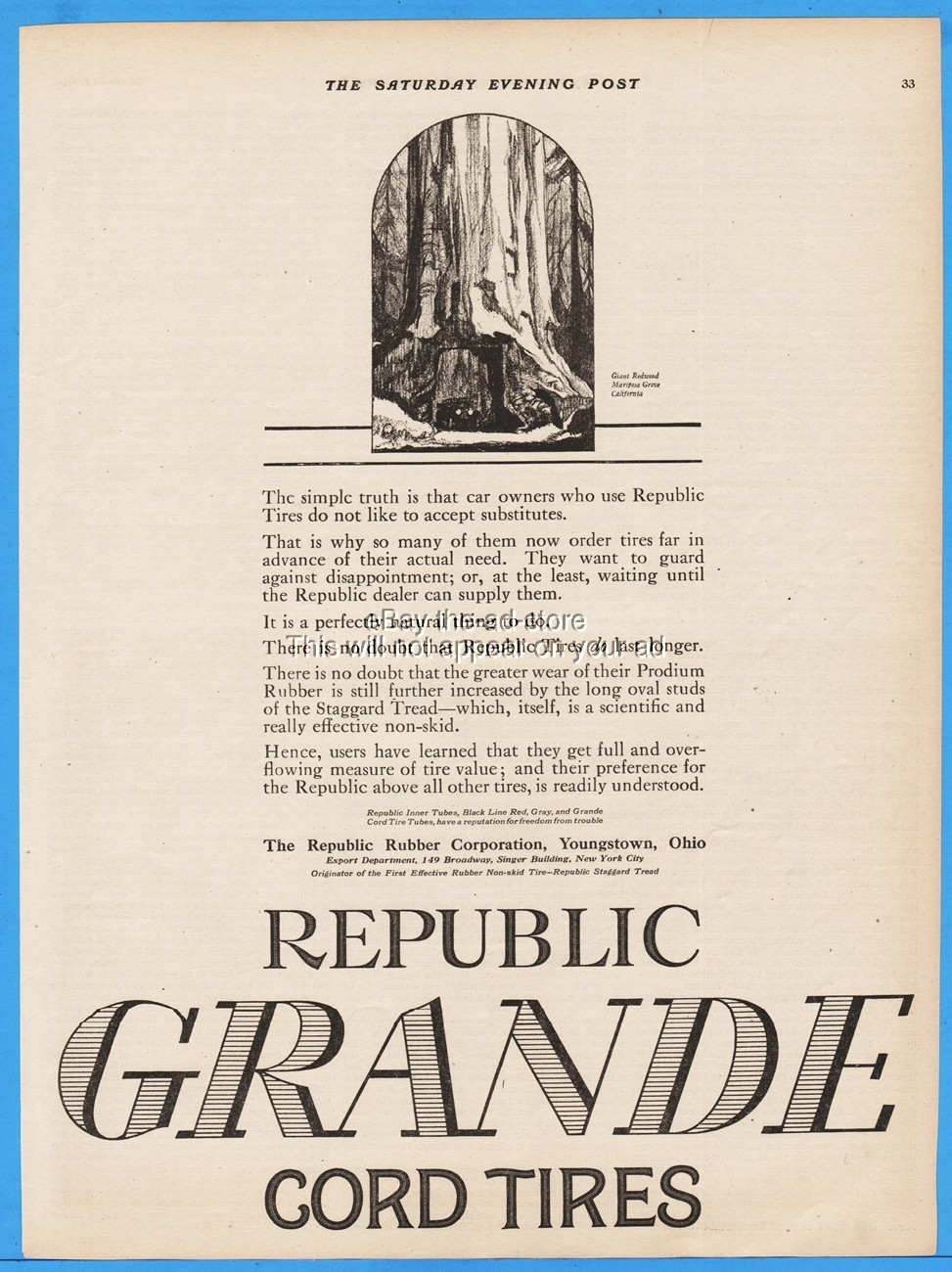 1920 Giant Redwood Mariposa Grove CA Republic Rubber Youngstown OH Car Tires Ad