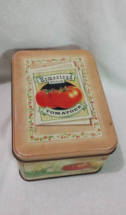 Vtg Empty Metal Tin Rectangular Box w/ Lid Homestead Brand Tomatoes Toleware