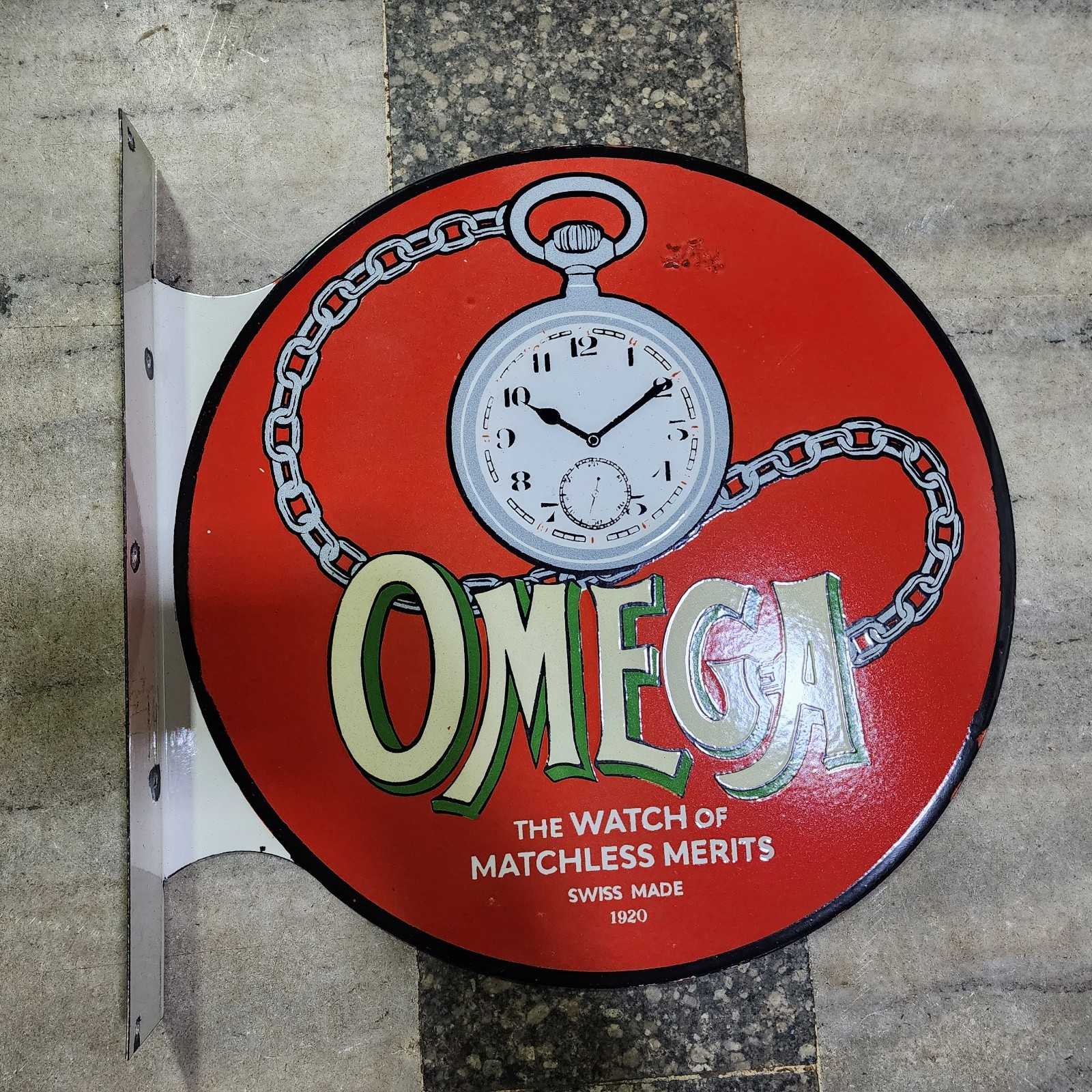 OMEGA FLANGE 2-SIDED PORCELAIN ENAMEL SIGN 17.5 X 17 INCHES