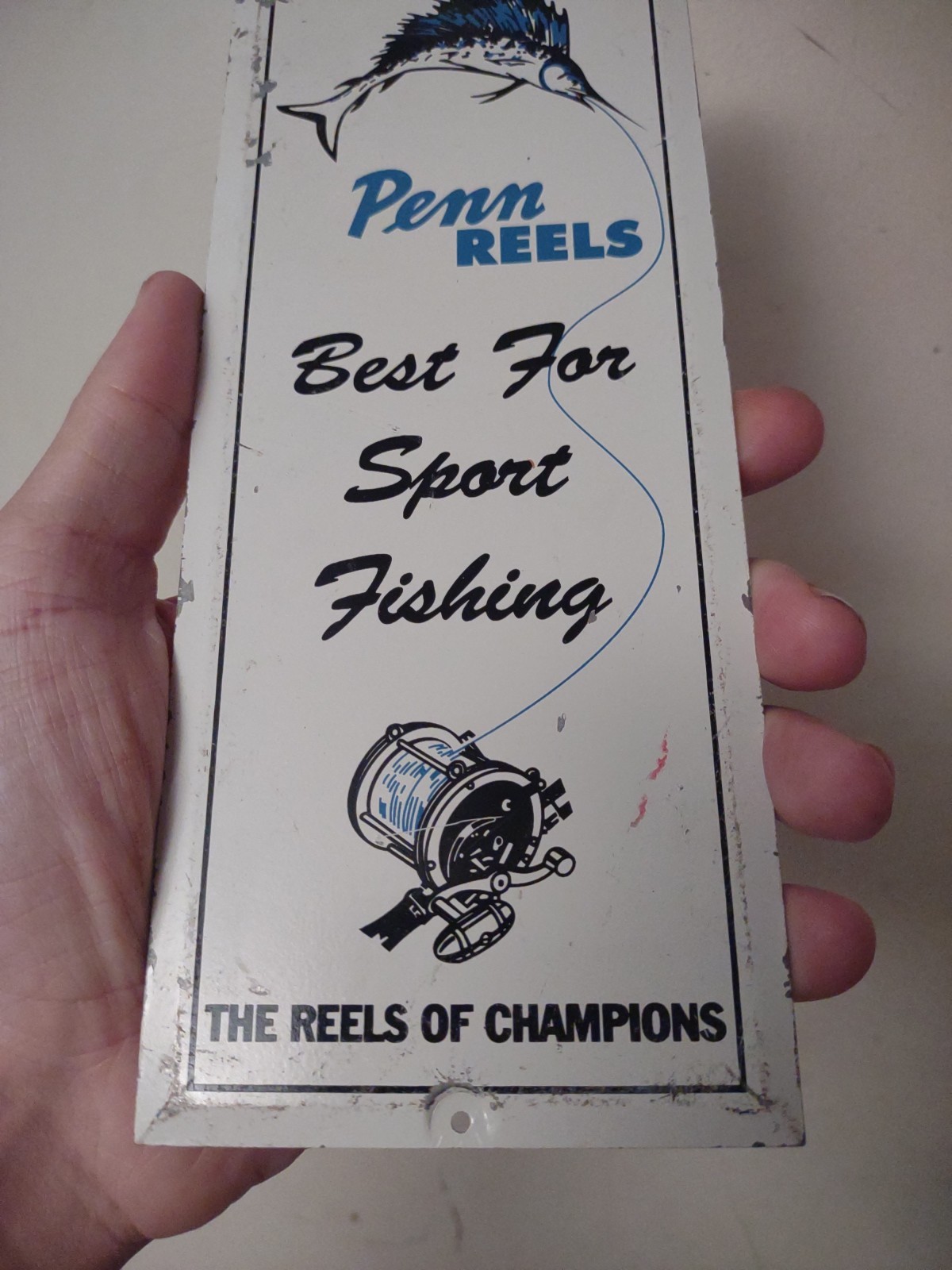 SCARCE VINTAGE PENN FISHING REELS PAINTED METAL DOOR SIGN BATE SHOP MARLIN