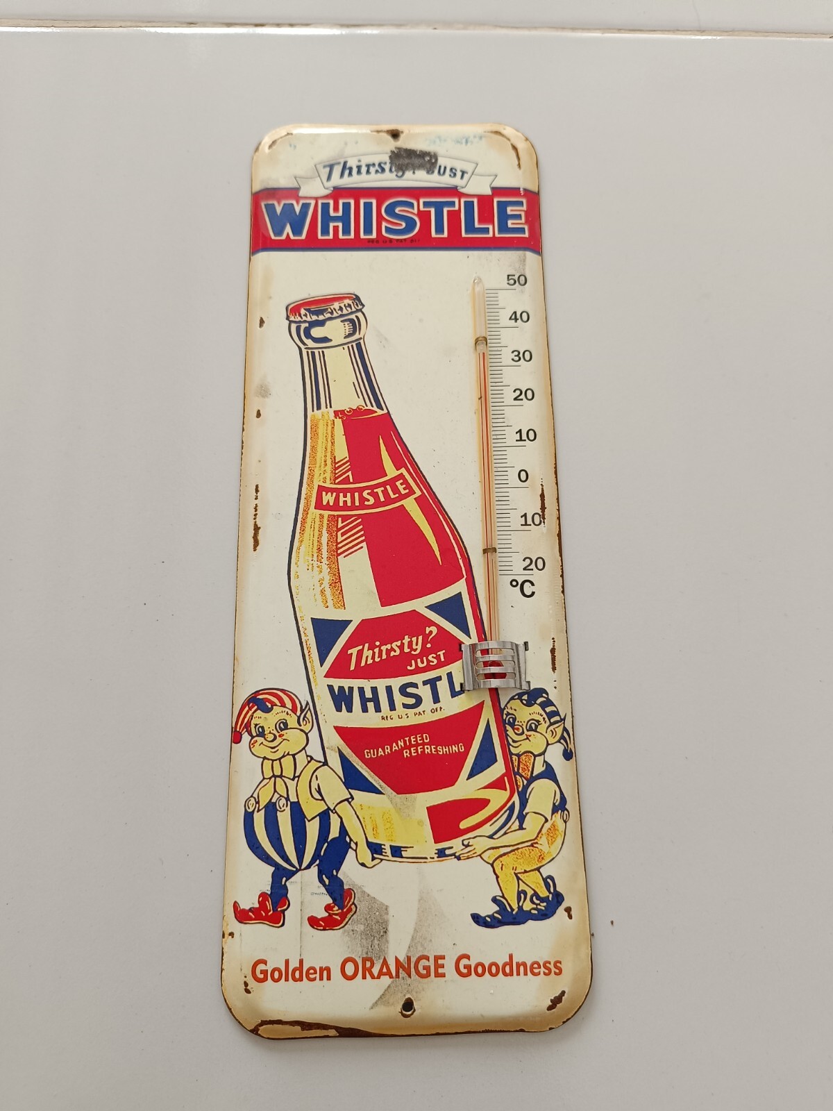 Vintage Glass Thermometer WHISTLE SODA No porcelain 40’S-50’S era