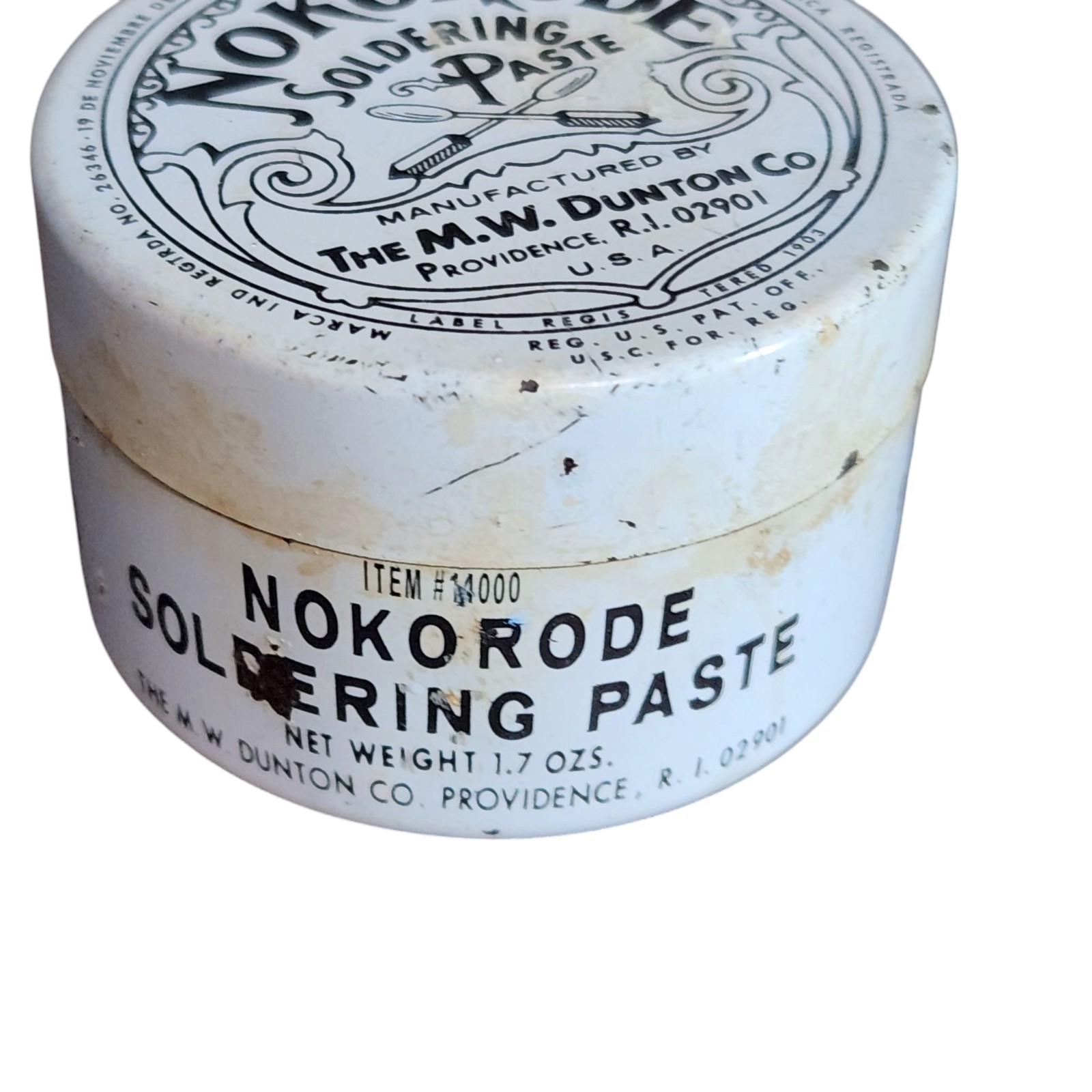 Vintage Nokorode Soldering Paste 2oz Tin Can The M. W. Dunton Co. November 1926