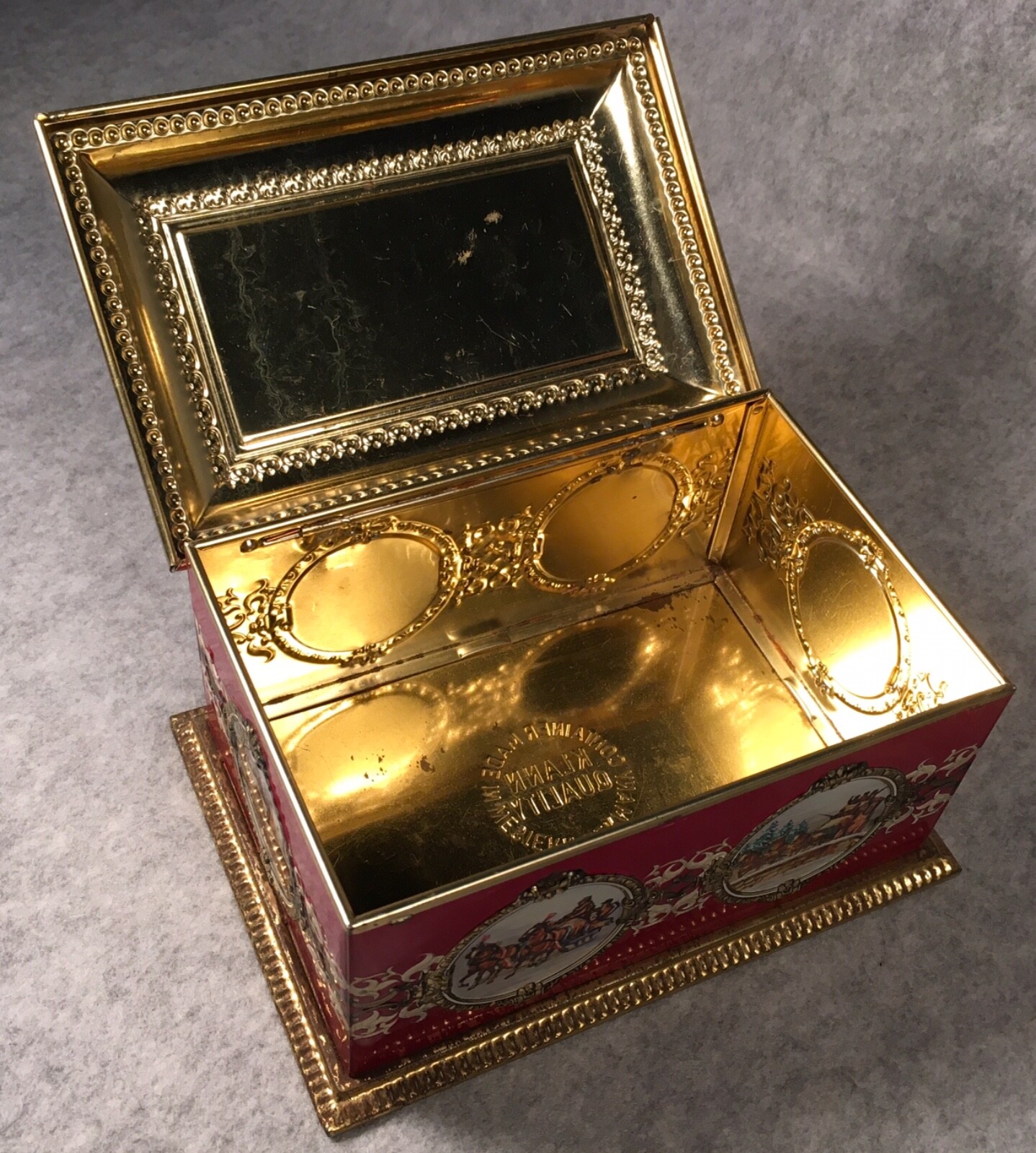 lithographed Biscuit Tin KLANN WEST GERMANY chest box HORSE DRAWN CARRIAGES