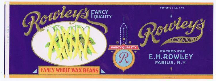 Rowley’s, fancy whole wax beans, can label, Fabius N.Y 1lb 3oz