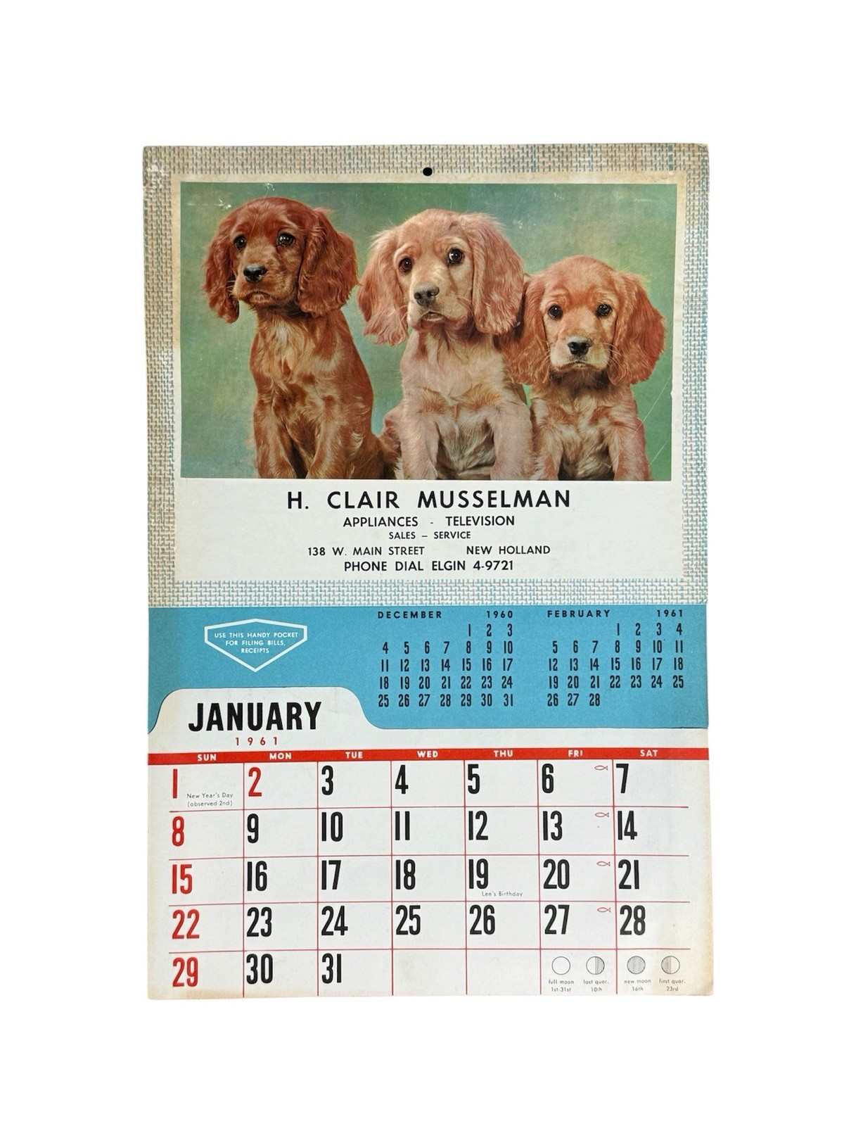 Complete Vintage 1961 Puppy Dog Wall Calendar TV Sales Advertising from Illinois