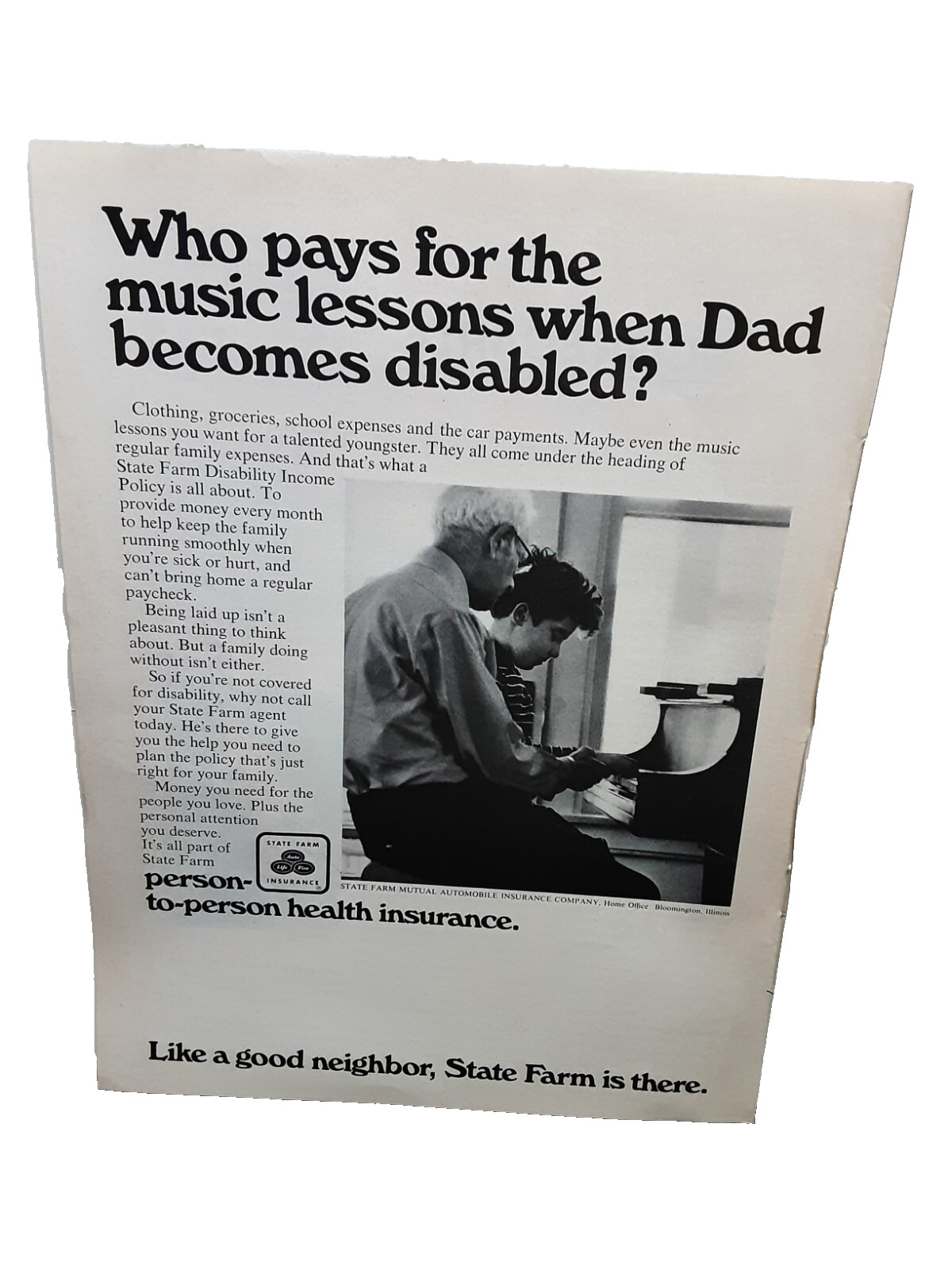 1973 State Farm Insurance Who Pays For Music Lessons Original Print Ad Vintage
